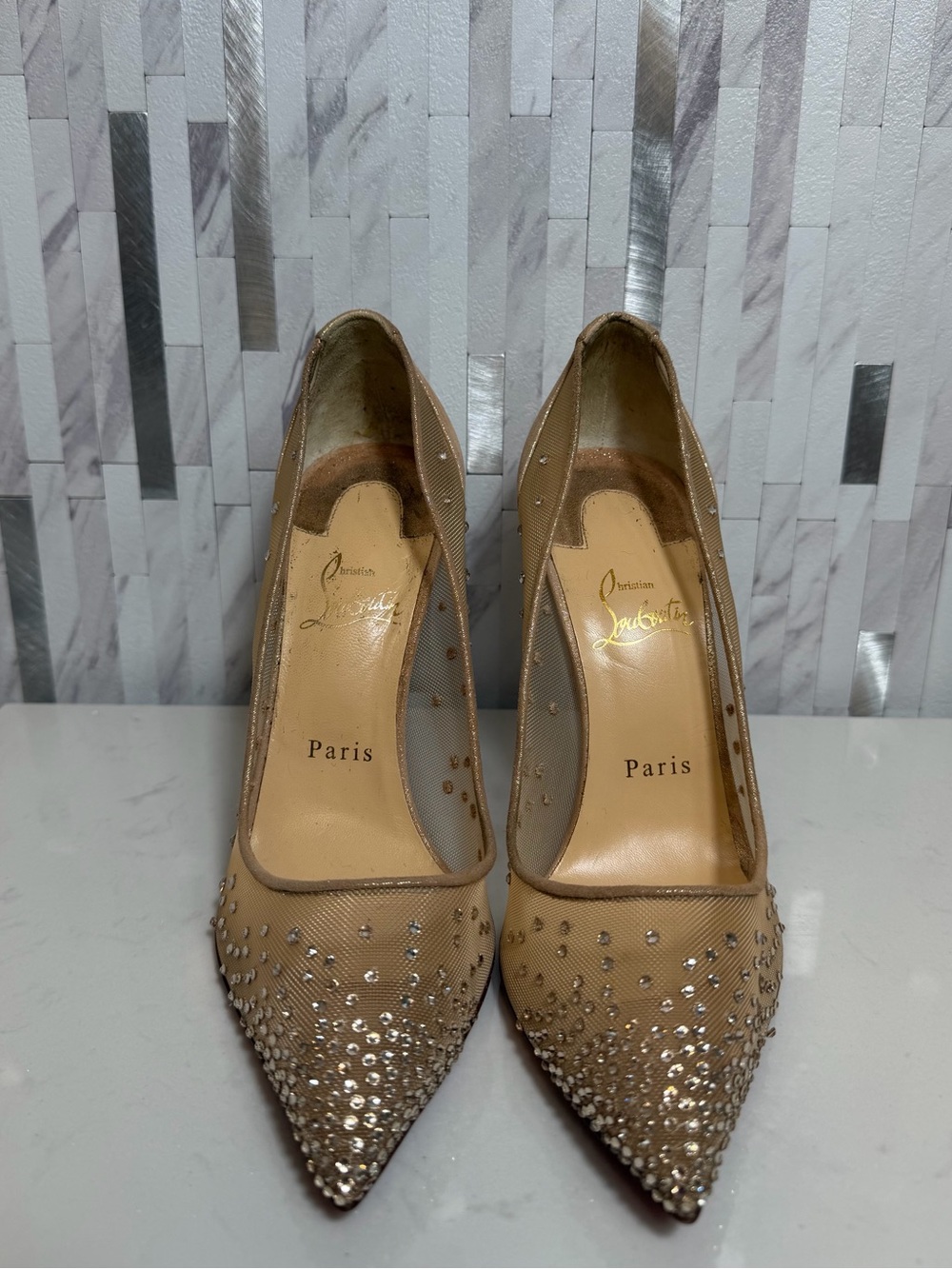 💎Christian Louboutin Nude Follies Strass Suede Rhinestones Heels 100 Size 39 - Picture 5 of 15